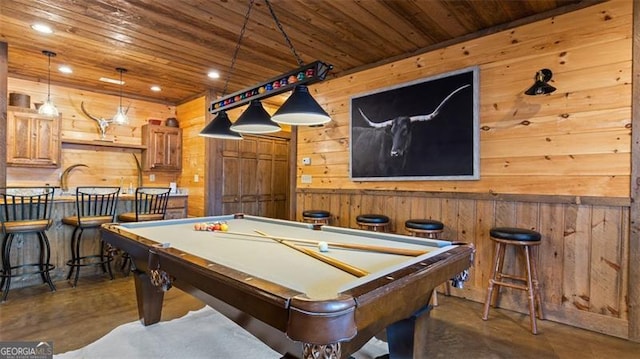 68 Shalom Vw, Blue Ridge, GA 30513 - recreation room with concrete floors, wood walls, billiards, wooden ceiling, and recessed lighting