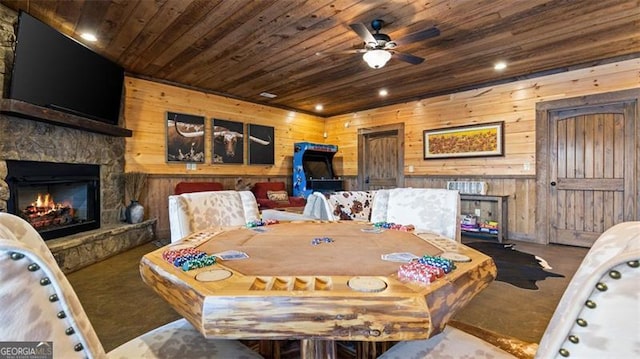 68 Shalom Vw, Blue Ridge, GA 30513 - carpeted dining space featuring wooden ceiling, wooden walls, a stone fireplace, a ceiling fan, and recessed lighting