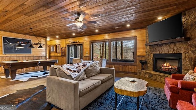 68 Shalom Vw, Blue Ridge, GA 30513 - living area with wood ceiling, billiards table, wood walls, a fireplace, and recessed lighting