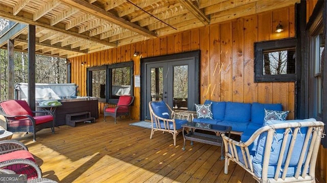 68 Shalom Vw, Blue Ridge, GA 30513 - wooden terrace with an outdoor living space, french doors, and a hot tub
