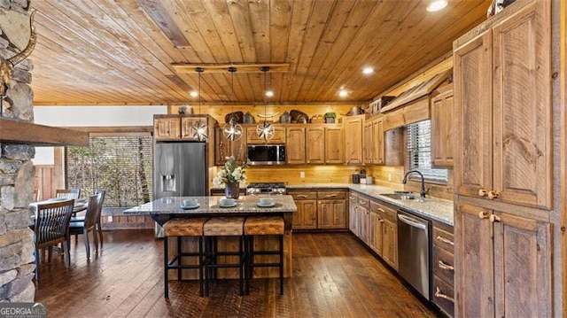 68 Shalom Vw, Blue Ridge, GA 30513 - kitchen featuring wood ceiling, stainless steel appliances, a sink, dark wood finished floors, and a breakfast bar area