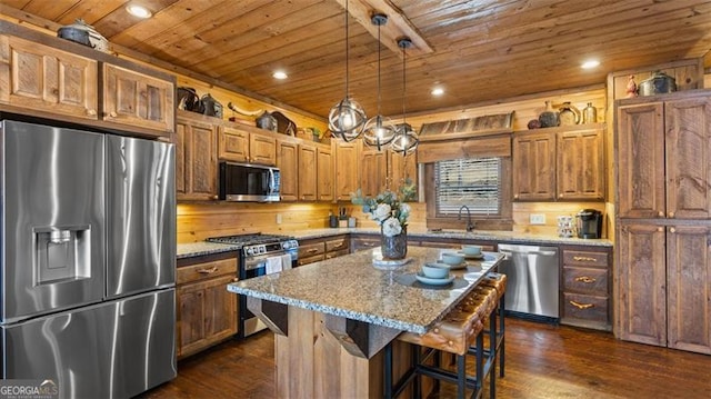 68 Shalom Vw, Blue Ridge, GA 30513 - kitchen with appliances with stainless steel finishes, wood ceiling, dark wood-type flooring, a sink, and light stone counters