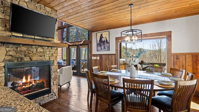 68 Shalom Vw, Blue Ridge, GA 30513 - dining area with wooden ceiling, plenty of natural light, wood walls, wainscoting, and hardwood / wood-style flooring