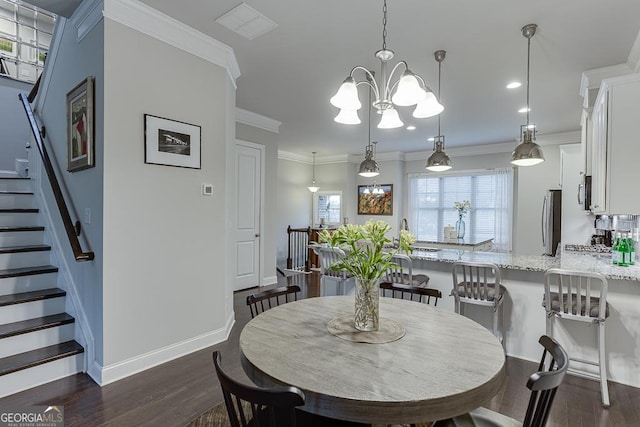 dining room with dark wood-style flooring, stairway, crown molding, a chandelier, and recessed lighting