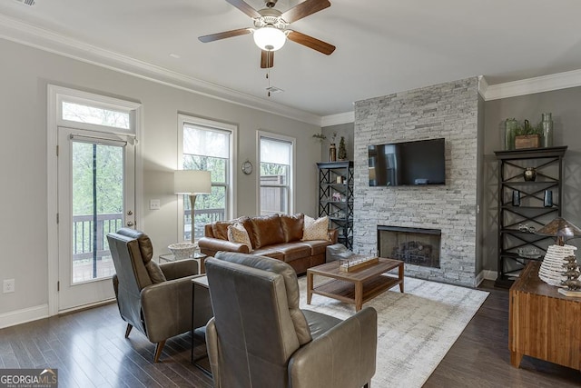 living room with healthy amount of natural light, dark wood finished floors, ornamental molding, ceiling fan, and a stone fireplace