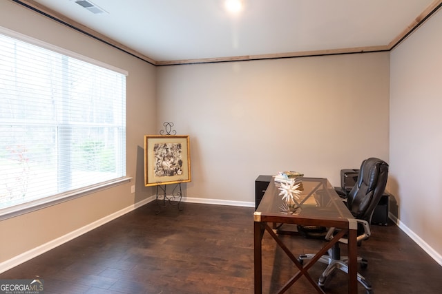 1800 Pearson St, Loganville, GA 30052 - office with wood finished floors, crown molding, baseboards, and visible vents