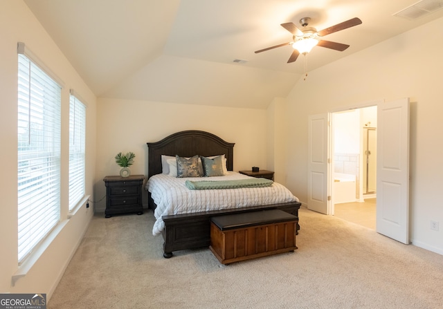 1800 Pearson St, Loganville, GA 30052 - carpeted bedroom with ensuite bath, lofted ceiling, ceiling fan, and visible vents