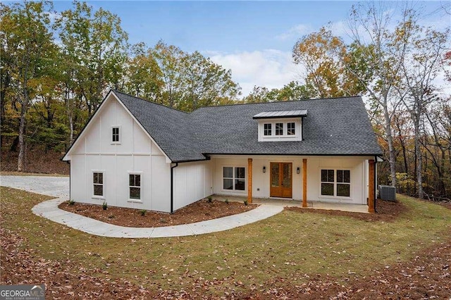 119 Acerose Dr, Jasper, GA 30143 - modern farmhouse style home featuring board and batten siding, roof with shingles, a front lawn, and french doors