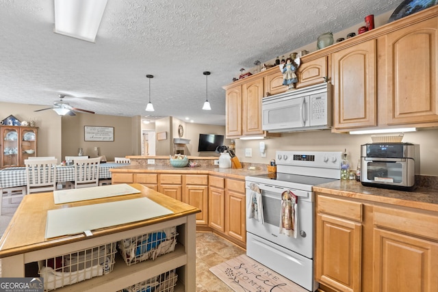 575 Chuli Rd, Locust Grove, GA 30248 - kitchen with white appliances, a peninsula, a textured ceiling, ceiling fan, and decorative light fixtures