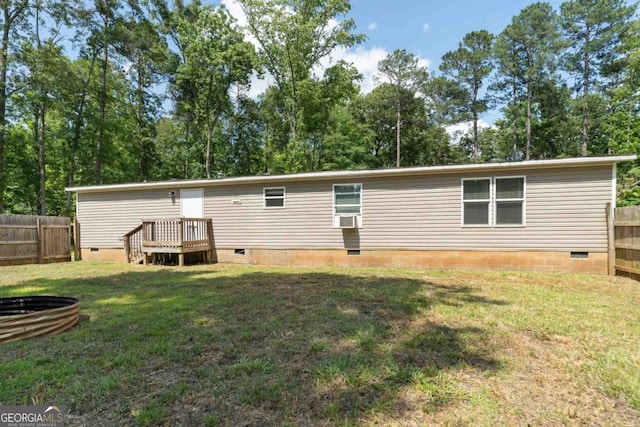 138 Forest Hill Dr, Eatonton, GA 31024 - back of house featuring crawl space, cooling unit, fence, and a yard