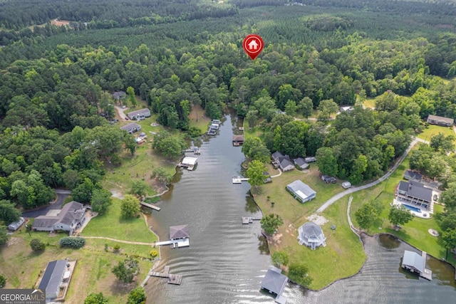 138 Forest Hill Dr, Eatonton, GA 31024 - bird's eye view with a water view and a view of trees