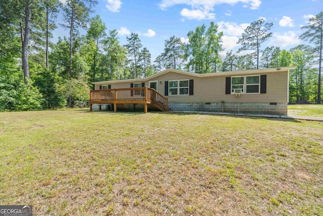 138 Forest Hill Dr, Eatonton, GA 31024 - back of property with a wooden deck, crawl space, and a yard