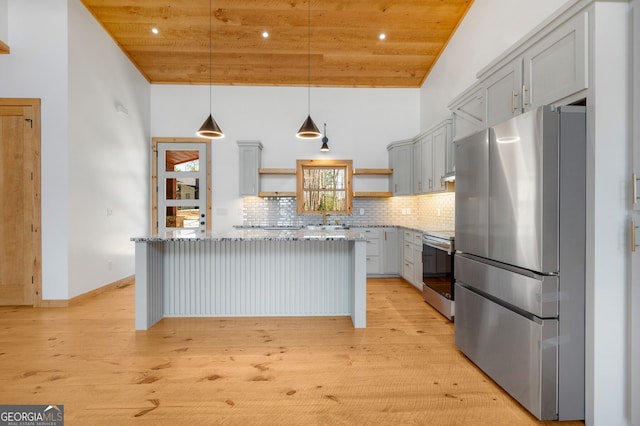 kitchen with light stone counters, open shelves, decorative backsplash, wood ceiling, and appliances with stainless steel finishes