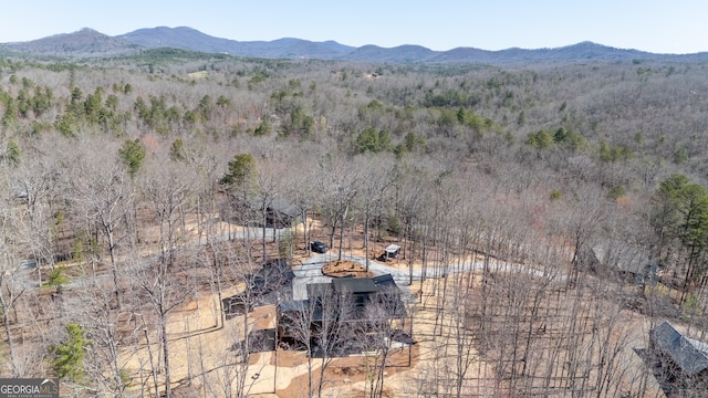 birds eye view of property with a forest view and a mountain view