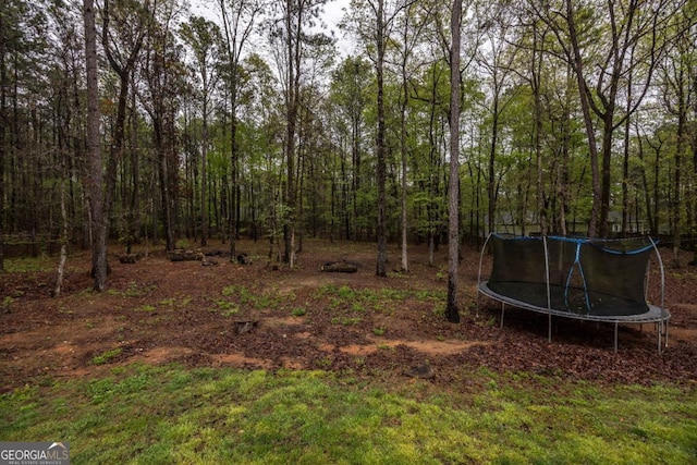 view of yard featuring a view of trees and a trampoline