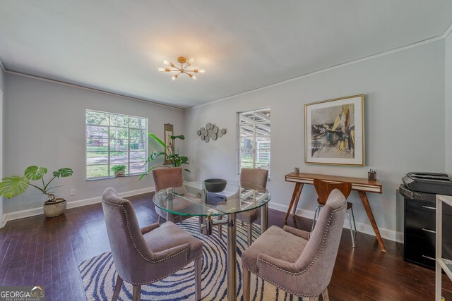 dining area featuring plenty of natural light, dark wood-style flooring, and an inviting chandelier