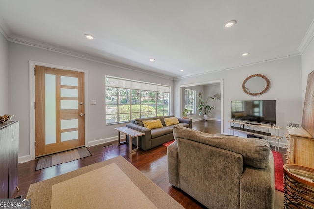living room with baseboards, crown molding, recessed lighting, and dark wood-style flooring