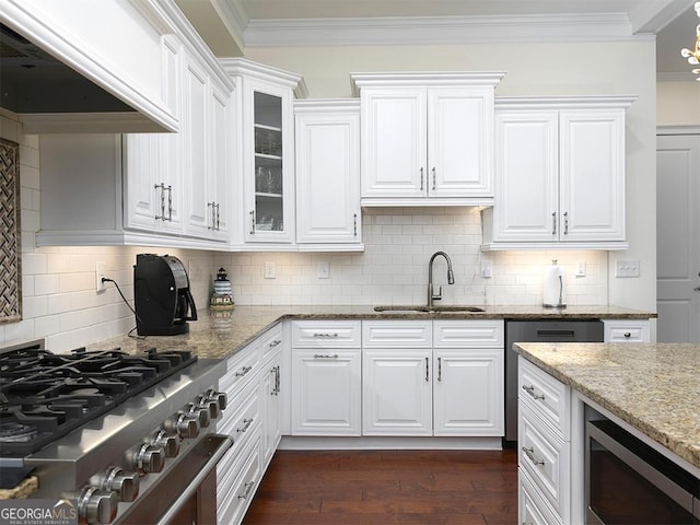 4845 Josie Way NW, Acworth, GA 30101 - kitchen with crown molding, stainless steel appliances, premium range hood, a sink, and dark wood-style floors