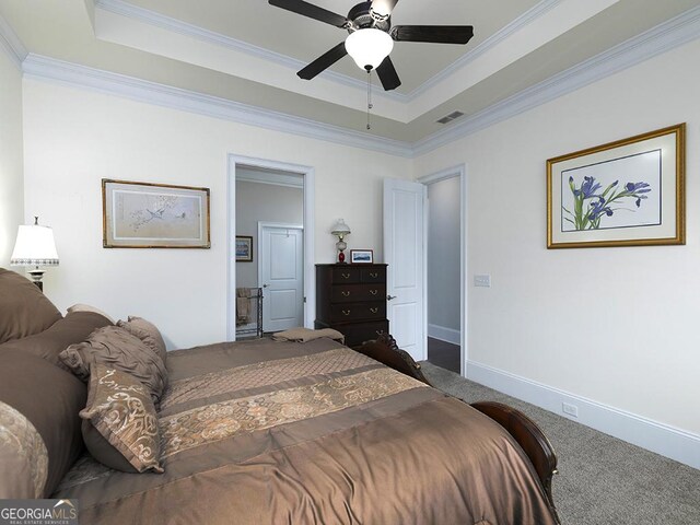 4845 Josie Way NW, Acworth, GA 30101 - carpeted bedroom featuring a tray ceiling, baseboards, visible vents, and crown molding