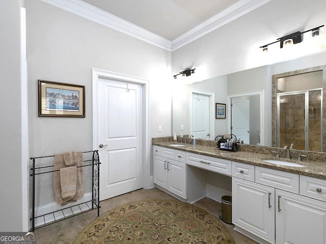 4845 Josie Way NW, Acworth, GA 30101 - full bathroom with double vanity, ornamental molding, a sink, and a shower stall