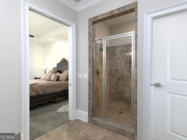 4845 Josie Way NW, Acworth, GA 30101 - full bathroom featuring a stall shower, baseboards, ensuite bath, and ornamental molding