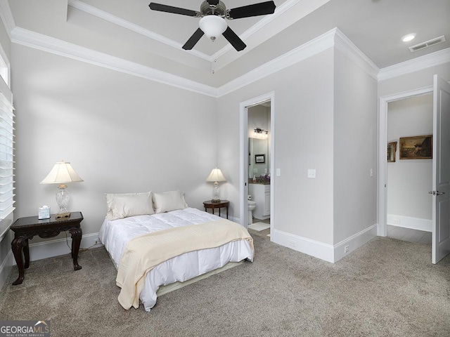 4845 Josie Way NW, Acworth, GA 30101 - carpeted bedroom with baseboards, ensuite bath, ornamental molding, and visible vents