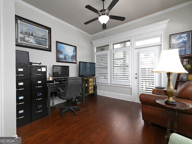 4845 Josie Way NW, Acworth, GA 30101 - office space with baseboards, crown molding, wood finished floors, and a ceiling fan