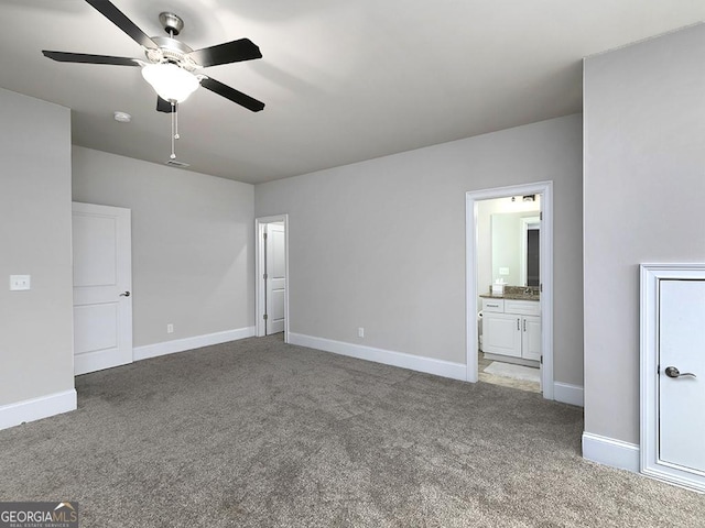 4845 Josie Way NW, Acworth, GA 30101 - unfurnished bedroom featuring ensuite bathroom, carpet flooring, visible vents, baseboards, and a ceiling fan