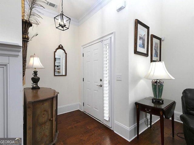 4845 Josie Way NW, Acworth, GA 30101 - foyer entrance with baseboards, visible vents, crown molding, and dark wood-type flooring