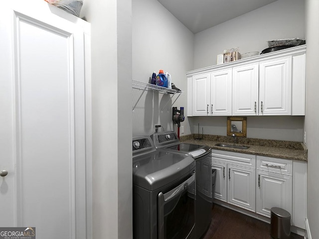 4845 Josie Way NW, Acworth, GA 30101 - clothes washing area with cabinet space, a sink, separate washer and dryer, and dark wood finished floors
