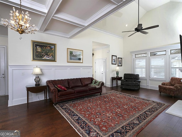 4845 Josie Way NW, Acworth, GA 30101 - living area featuring coffered ceiling, crown molding, vaulted ceiling with beams, wood finished floors, and ceiling fan with notable chandelier