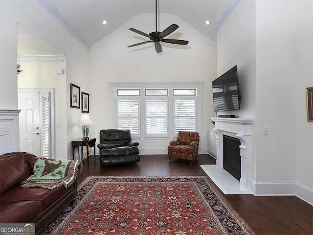 4845 Josie Way NW, Acworth, GA 30101 - living area featuring high vaulted ceiling, wood finished floors, a fireplace with raised hearth, baseboards, and ceiling fan