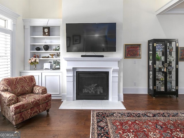 4845 Josie Way NW, Acworth, GA 30101 - living room featuring baseboards, built in shelves, wood finished floors, and a glass covered fireplace