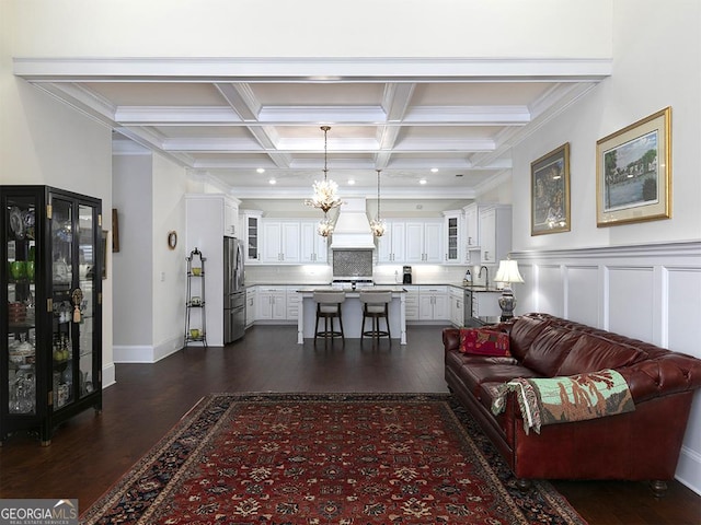 4845 Josie Way NW, Acworth, GA 30101 - living area with crown molding, recessed lighting, beam ceiling, dark wood-type flooring, and coffered ceiling