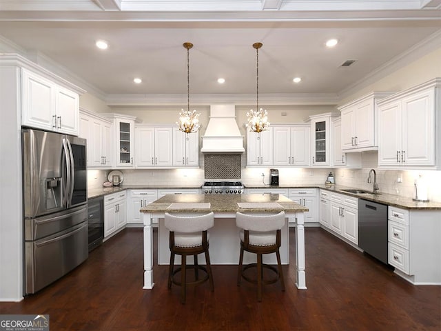 4845 Josie Way NW, Acworth, GA 30101 - kitchen with a sink, white cabinetry, premium range hood, beverage cooler, and stainless steel appliances