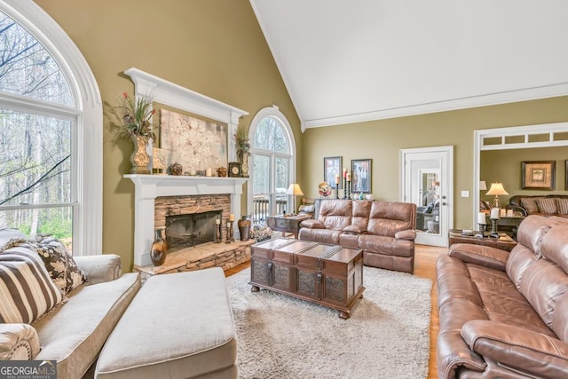 2323 Council Ln, Buford, GA 30519 - living room featuring high vaulted ceiling, wood finished floors, and a stone fireplace