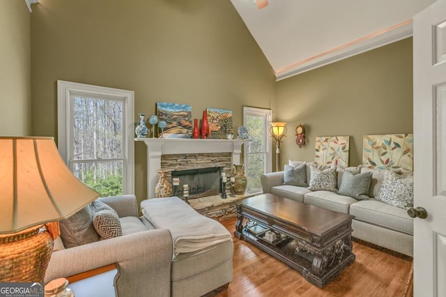 2323 Council Ln, Buford, GA 30519 - living room featuring high vaulted ceiling, wood finished floors, a stone fireplace, and ornamental molding