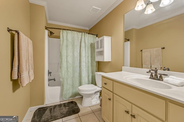 full bath with toilet, vanity, tile patterned flooring, visible vents, and ornamental molding