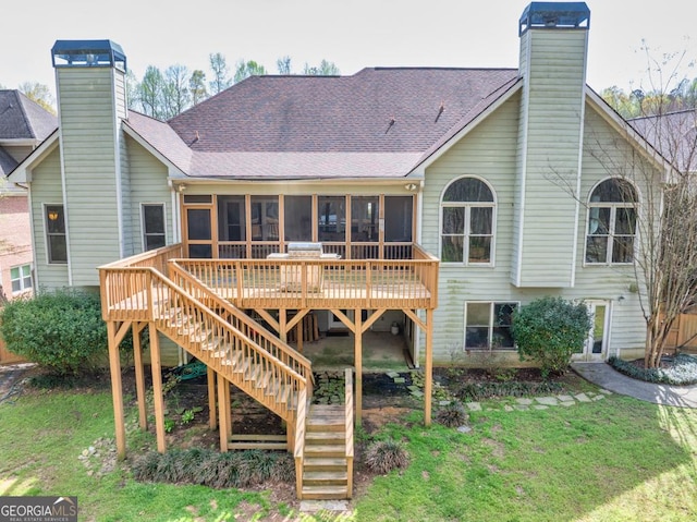 2323 Council Ln, Buford, GA 30519 - rear view of house with a chimney, a sunroom, and stairs