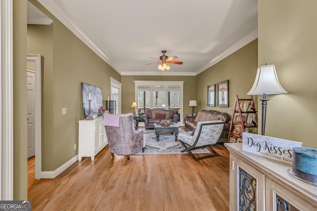 2323 Council Ln, Buford, GA 30519 - living area with light wood finished floors, a ceiling fan, and ornamental molding