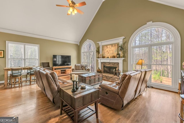 2323 Council Ln, Buford, GA 30519 - living room featuring ornamental molding, a ceiling fan, wood finished floors, a fireplace, and high vaulted ceiling