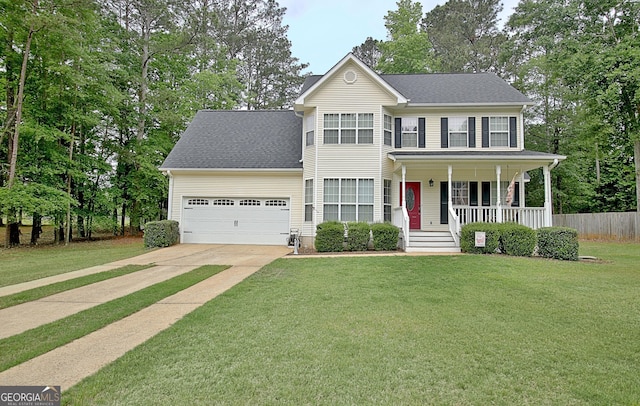 view of front of property with a garage, a front lawn, fence, covered porch, and driveway