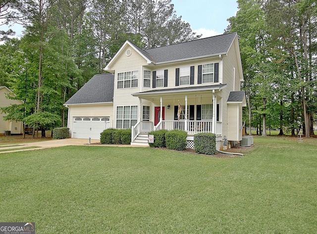 colonial house featuring an attached garage, central AC, a front lawn, a porch, and driveway