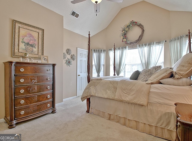 bedroom featuring a ceiling fan, light colored carpet, visible vents, vaulted ceiling, and baseboards