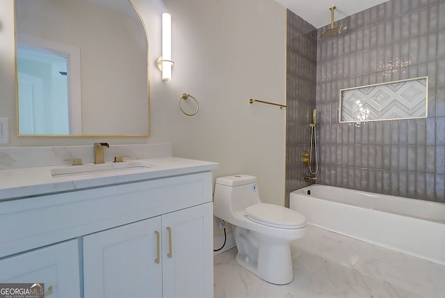 bathroom with marble finish floor, vanity, toilet, and a combined bath / shower with rainfall shower