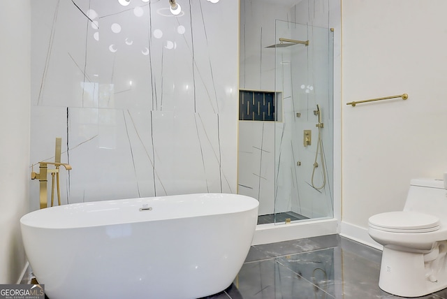full bathroom with a soaking tub, toilet, and a marble finish shower