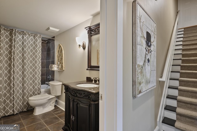 55 Hazelbrook Way, Acworth, GA 30101 - bathroom with tile patterned flooring, vanity, shower / bathtub combination with curtain, toilet, and baseboards