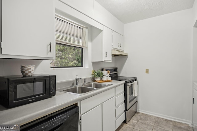 6240 Overlook Rd Unit 6240, Peachtree Corners, GA 30092 - kitchen featuring black appliances, a sink, under cabinet range hood, white cabinets, and light countertops