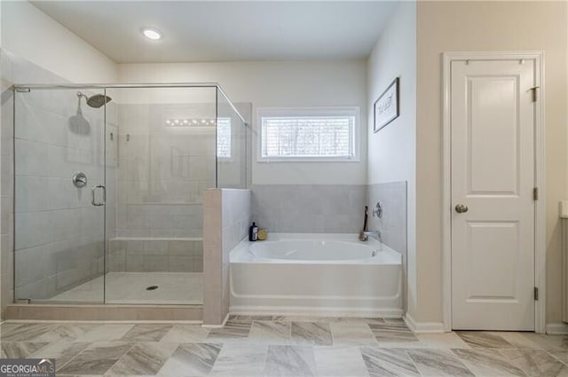4870 Odum View Ln, Cumming, GA 30040 - bathroom with a bath, a stall shower, and marble look tile flooring