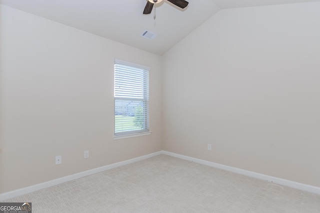 3627 Canyon Springs Dr, Oakwood, GA 30566 - spare room with visible vents, baseboards, ceiling fan, light carpet, and lofted ceiling
